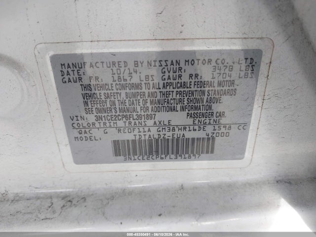 Aukcja sprzedaży 2015 Nissan Versa Note S (sr)/s Plus/sl/sr/sv, vin: 3N1CE2CP6FL391897, numer aukcji: 45350491