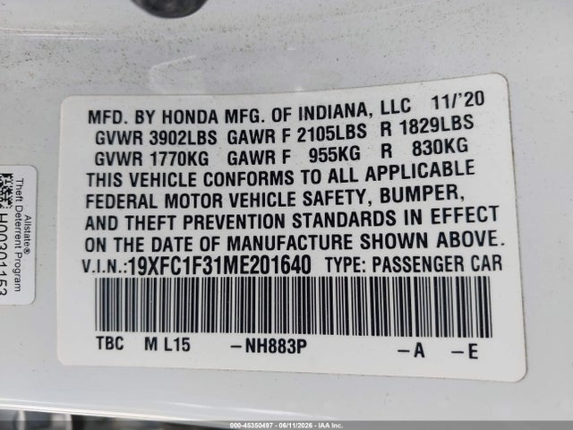 Honda CIVIC EX 2021 19XFC1F31ME201640 Image 9