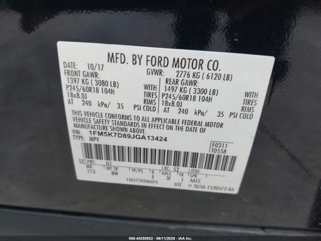 Продаж на аукціоні авто 2018 Ford Explorer Xlt, vin: 1FM5K7D89JGA13424, номер лоту: 45350502