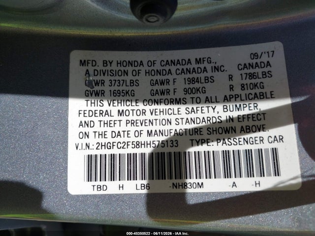 Продаж на аукціоні авто 2017 Honda Civic Lx, vin: 2HGFC2F58HH575133, номер лоту: 45350522
