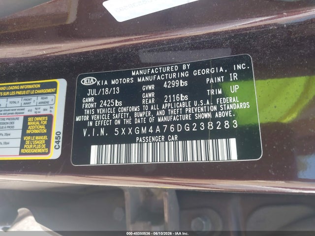 Продажа на аукционе авто 2013 Kia Optima Lx, vin: 5XXGM4A76DG238283, номер лота: 45350536