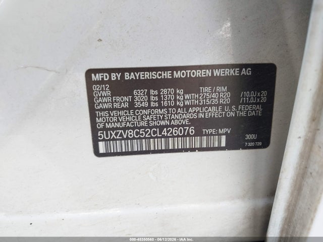 Продаж на аукціоні авто 2012 Bmw X5 Xdrive50i, vin: 5UXZV8C52CL426076, номер лоту: 45350560