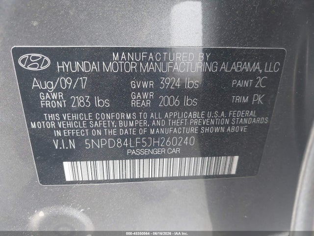 Aukcja sprzedaży 2018 Hyundai Elantra Sel, vin: 5NPD84LF5JH260240, numer aukcji: 45350564