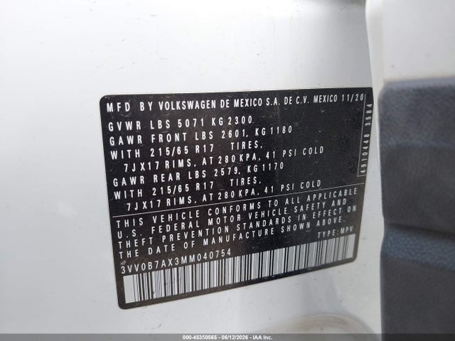 Продаж на аукціоні авто 2021 Volkswagen Tiguan 2.0t S, vin: 3VV0B7AX3MM040754, номер лоту: 45350565