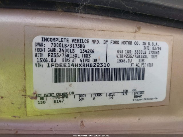 Продаж на аукціоні авто 1994 Ford Econoline E150 Van, vin: 1FDEE14HXRHB22310, номер лоту: 45350566