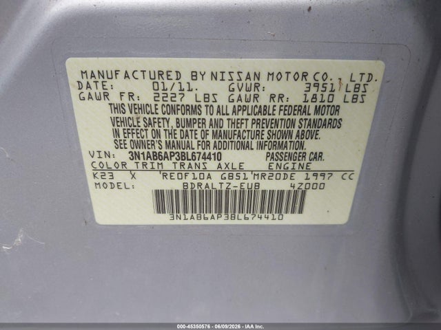 Продаж на аукціоні авто 2011 Nissan Sentra 2.0sr, vin: 3N1AB6AP3BL674410, номер лоту: 45350576