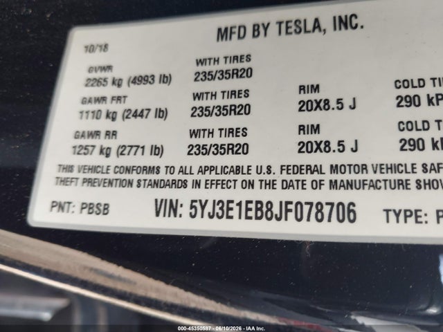 45350587 :رقم المزاد ، 5YJ3E1EB8JF078706 vin ، 2018 Tesla Model 3 Long Range/performance مزاد بيع