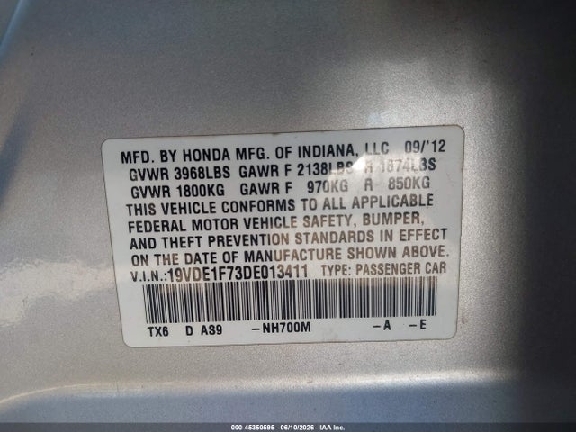 45350595 :رقم المزاد ، 19VDE1F73DE013411 vin ، 2013 Acura Ilx 2.0l مزاد بيع