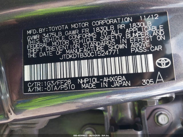 Aukcja sprzedaży 2012 Toyota Prius C Three, vin: JTDKDTB30C1524771, numer aukcji: 45350617