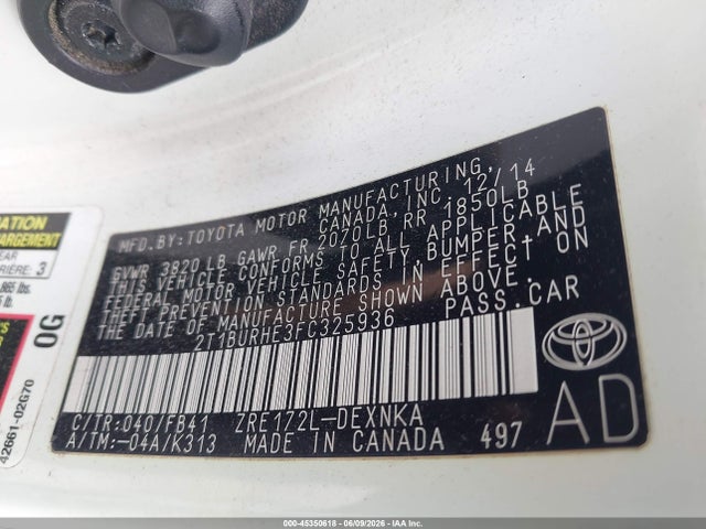 2015 Toyota Corolla Le მანქანა იყიდება აუქციონზე, vin: 2T1BURHE3FC325936, აუქციონის ნომერი: 45350618