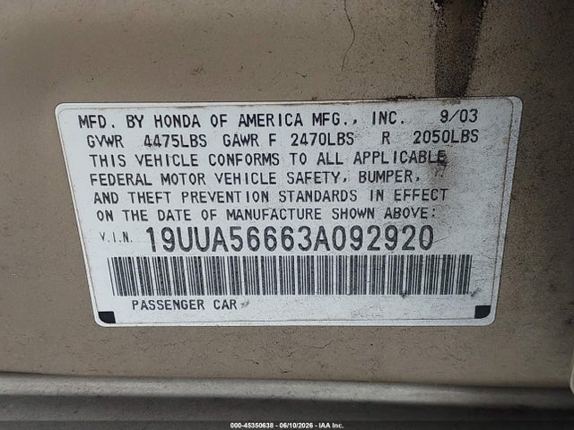 45350638 :رقم المزاد ، 19UUA56663A092920 vin ، 2003 Acura Tl 3.2 مزاد بيع