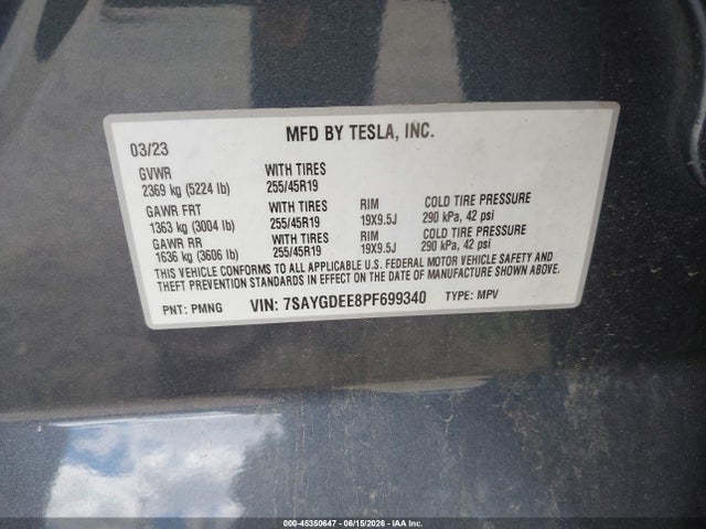Продажа на аукционе авто 2023 Tesla Model Y Awd/long Range Dual Motor All-wheel Drive, vin: 7SAYGDEE8PF699340, номер лота: 45350647