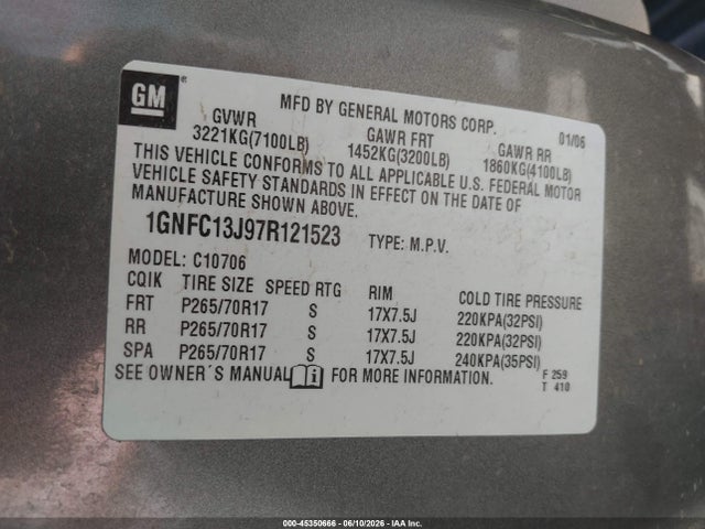 45350666 :رقم المزاد ، 1GNFC13J97R121523 vin ، 2007 Chevrolet Tahoe Lt مزاد بيع