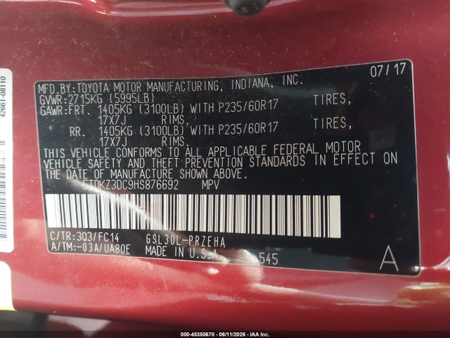 Продажа на аукционе авто 2017 Toyota Sienna Le 8 Passenger, vin: 5TDKZ3DC9HS876692, номер лота: 45350670