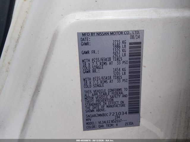 5N1AR2MN8EC721034 Nissan Pathfinder Sv