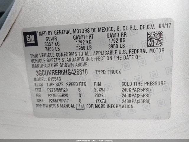 Aukcja sprzedaży 2017 Chevrolet Silverado 1500 1lt, vin: 3GCUKRER6HG426810, numer aukcji: 45350683