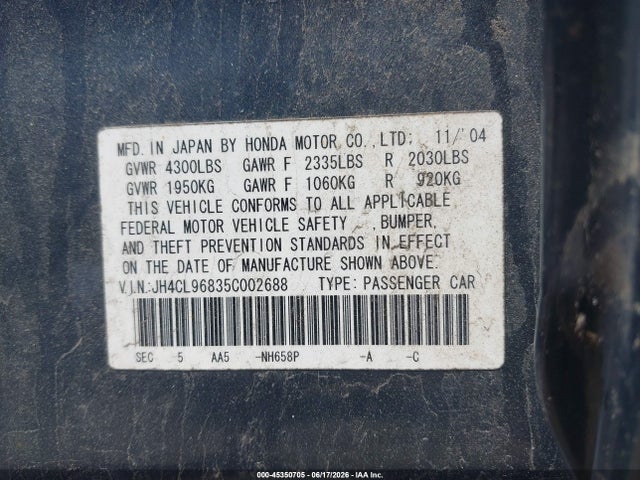 Продаж на аукціоні авто 2005 Acura Tsx, vin: JH4CL96835C002688, номер лоту: 45350705
