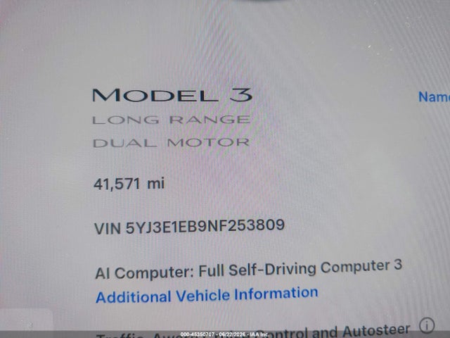 Продаж на аукціоні авто 2022 Tesla Model 3 Long Range Dual Motor All-wheel Drive, vin: 5YJ3E1EB9NF253809, номер лоту: 45350707