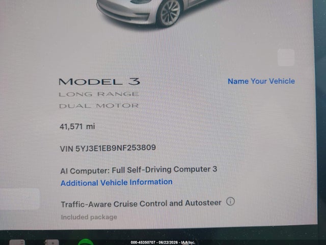 Продаж на аукціоні авто 2022 Tesla Model 3 Long Range Dual Motor All-wheel Drive, vin: 5YJ3E1EB9NF253809, номер лоту: 45350707