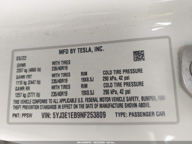 Продаж на аукціоні авто 2022 Tesla Model 3 Long Range Dual Motor All-wheel Drive, vin: 5YJ3E1EB9NF253809, номер лоту: 45350707