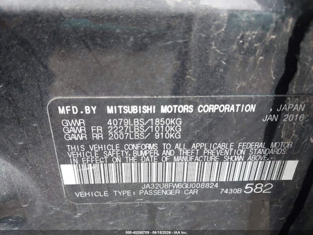 Aukcja sprzedaży 2016 Mitsubishi Lancer Gt, vin: JA32U8FW6GU008824, numer aukcji: 45350709
