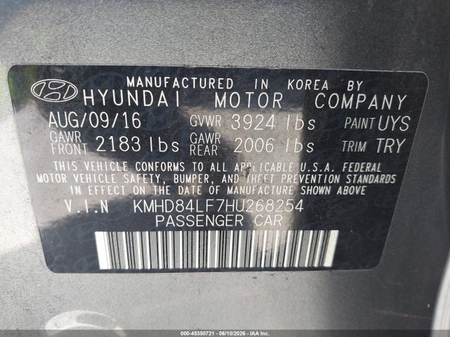 Продажа на аукционе авто 2017 Hyundai Elantra Limited, vin: KMHD84LF7HU268254, номер лота: 45350721