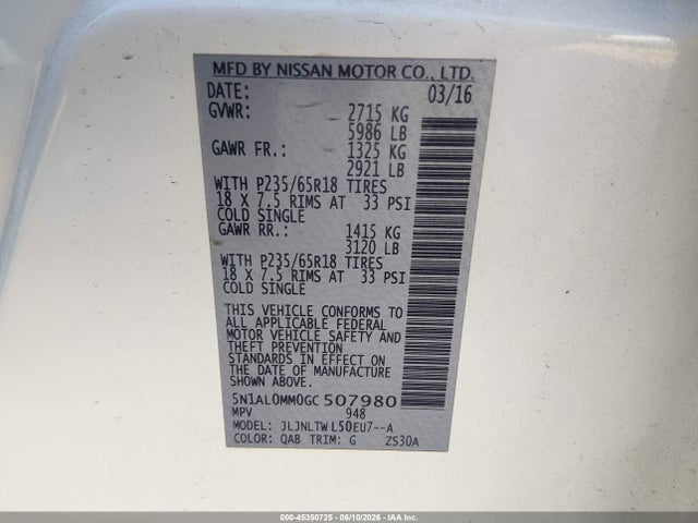 Aukcja sprzedaży 2016 Infiniti Qx60, vin: 5N1AL0MM0GC507980, numer aukcji: 45350725
