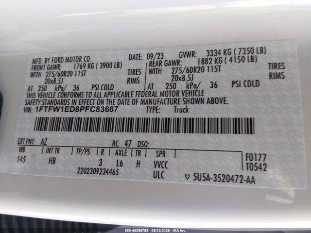 Продажа на аукционе авто 2023 Ford F-150 Lariat, vin: 1FTFW1ED8PFC83667, номер лота: 45350753