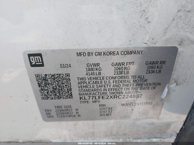 Aukcja sprzedaży 2024 Chevrolet Trax Fwd Sp, vin: KL77LFE2XRC224887, numer aukcji: 45350755