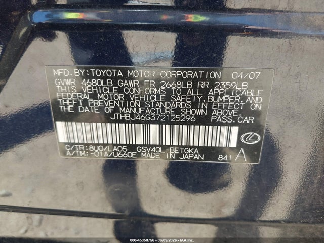 45350756 :رقم المزاد ، JTHBJ46G372125296 vin ، 2007 Lexus Es 350 مزاد بيع
