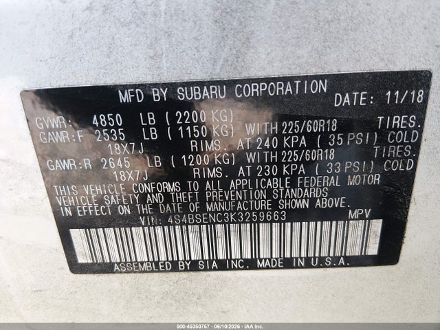 4S4BSENC3K3259663 Subaru Outback 3.6r Limited