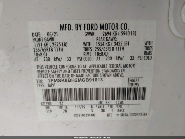 1FMSK8BH2MGB91613 Ford Explorer