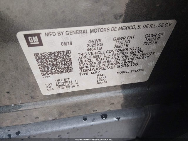 Aukcja sprzedaży 2020 Chevrolet Equinox Fwd Lt 1.5l Turbo, vin: 3GNAXKEV2LS506370, numer aukcji: 45350764