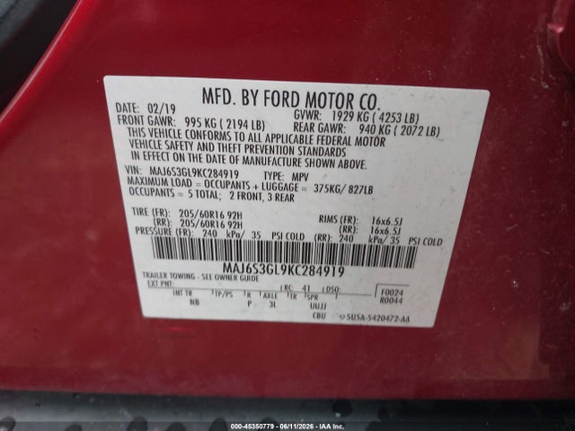 Продаж на аукціоні авто 2019 Ford Ecosport Se, vin: MAJ6S3GL9KC284919, номер лоту: 45350779