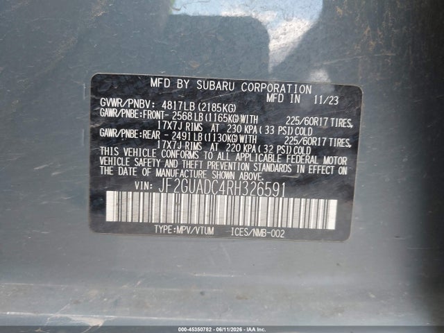 45350782 :رقم المزاد ، JF2GUADC4RH326591 vin ، 2024 Subaru Crosstrek Premium مزاد بيع
