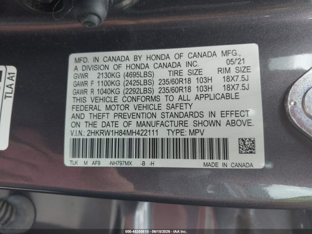 45350810 :رقم المزاد ، 2HKRW1H84MH422111 vin ، 2021 Honda Cr-v 2wd Ex-l مزاد بيع