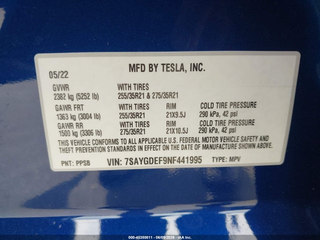 7SAYGDEF9NF441995 Tesla Model Y Performance Dual Motor All-wheel Drive