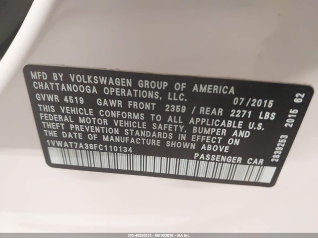 45350833 :رقم المزاد ، 1VWAT7A38FC110134 vin ، 2015 Volkswagen Passat 1.8t Limited Edition مزاد بيع