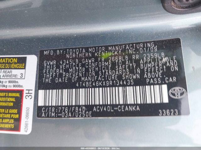 Aukcja sprzedaży 2009 Toyota Camry Le, vin: 4T4BE46KX9R134435, numer aukcji: 45350853
