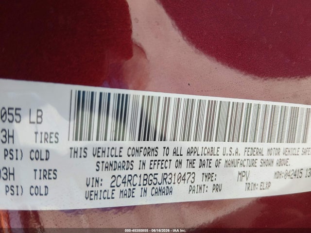Продажа на аукционе авто 2018 Chrysler Pacifica Touring L, vin: 2C4RC1BG5JR310473, номер лота: 45350855