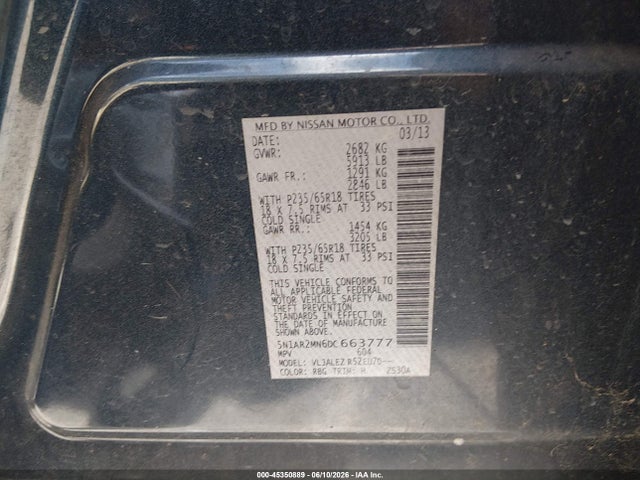 45350889 :رقم المزاد ، 5N1AR2MN6DC663777 vin ، 2013 Nissan Pathfinder Sv مزاد بيع