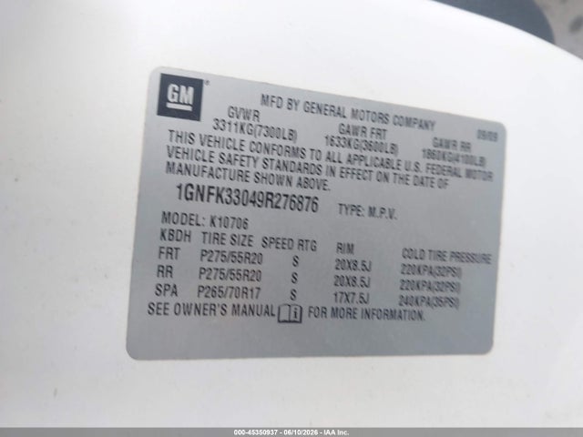 45350937 :رقم المزاد ، 1GNFK33049R276876 vin ، 2009 Chevrolet Tahoe Ltz مزاد بيع