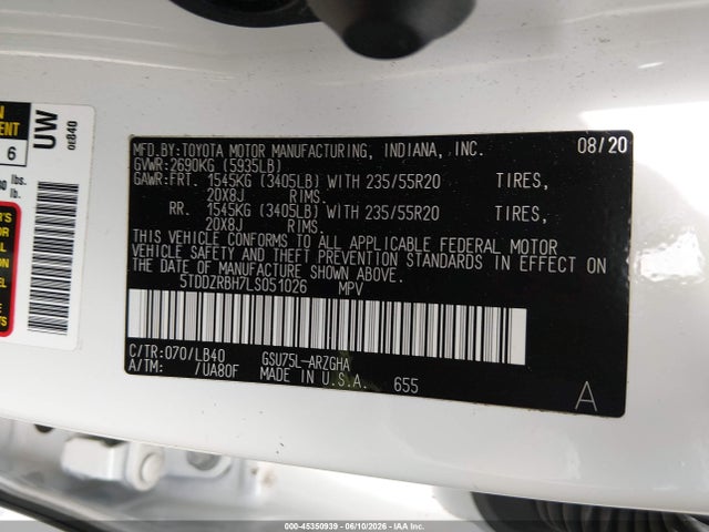 2020 Toyota Highlander Limited მანქანა იყიდება აუქციონზე, vin: 5TDDZRBH7LS051026, აუქციონის ნომერი: 45350939