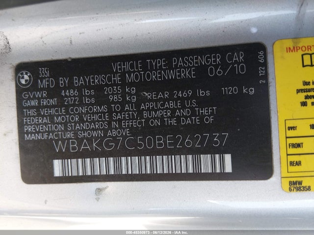 Продажа на аукционе авто 2011 Bmw 335i, vin: WBAKG7C50BE262737, номер лота: 45350973