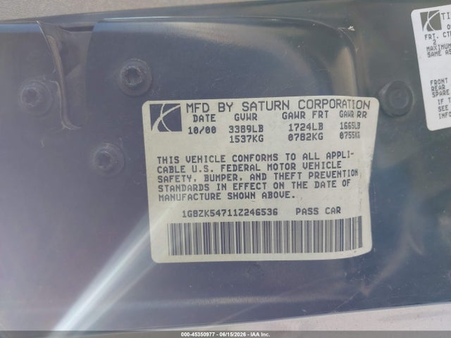 Продаж на аукціоні авто 2001 Saturn Sl2, vin: 1G8ZK54711Z246536, номер лоту: 45350977