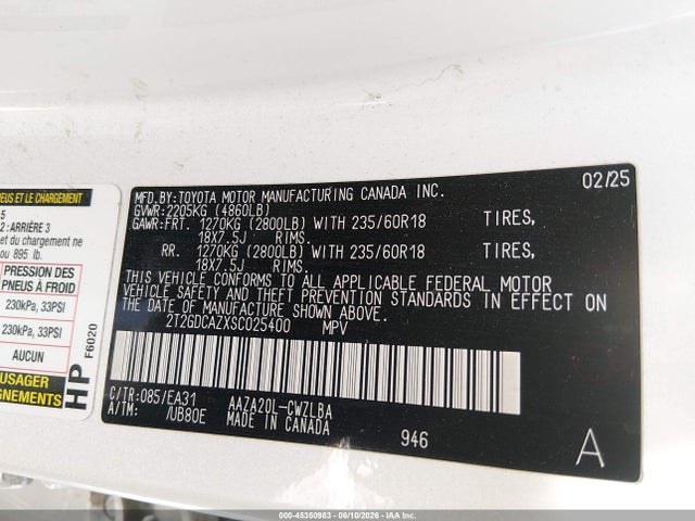 Продажа на аукционе авто 2025 Lexus Nx 250 Premium, vin: 2T2GDCAZXSC025400, номер лота: 45350983