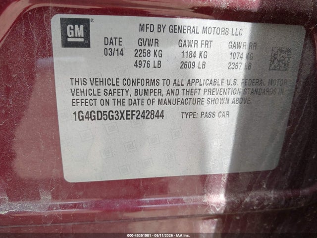 Aukcja sprzedaży 2014 Buick Lacrosse Premium I Group, vin: 1G4GD5G3XEF242844, numer aukcji: 45351001