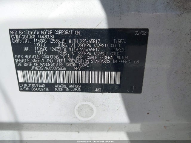 Aukcja sprzedaży 2008 Toyota Rav4 Limited, vin: JTMZD31V685096836, numer aukcji: 45351011