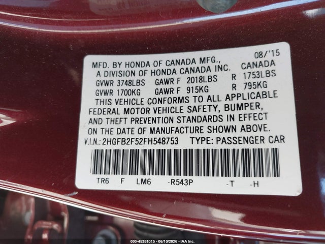 Honda Civic Lx 2015 2HGFB2F52FH548753 Image 9