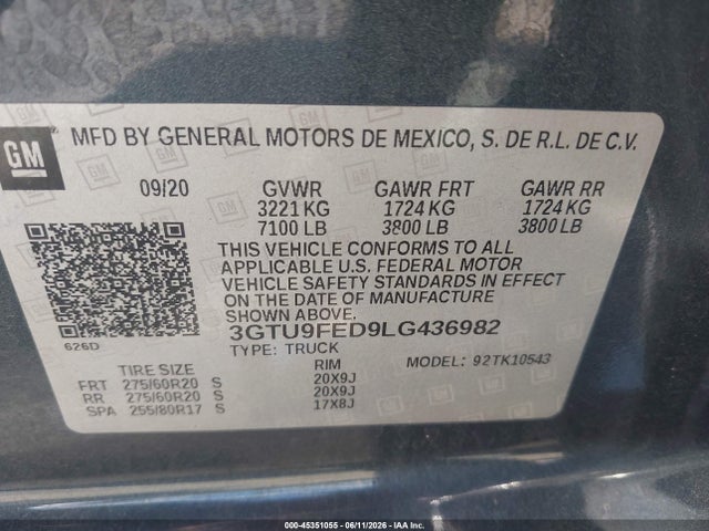 Aukcja sprzedaży 2020 Gmc Sierra 1500 4wd  Short Box Denali, vin: 3GTU9FED9LG436982, numer aukcji: 45351055